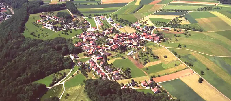 Luftaufnahme von Wittinsburg: das Dorf mit seinen roten Dächern zwischen Feldern und Wald