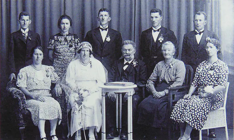 Schwarzweiss-Familienfoto: zwei Reihen festlich gekleideter Personen, in der Bildunterschrift als Gründerfamilie mit Eduard und Rosina Bürgin-Schaub bezeichnet