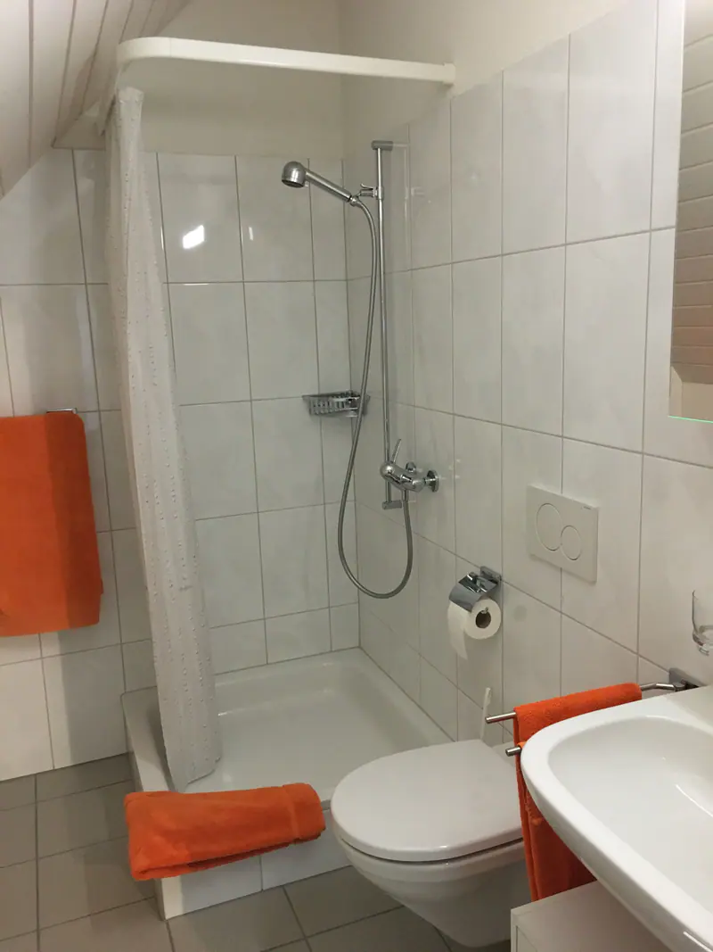 Badezimmer mit Dusche, WC, Lavabo und orangen Handtüchern